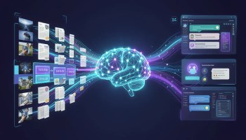 Illustration of a neural network learning from large datasets of text, images, and numbers, transforming information into AI-generated predictions, recommendations, and responses.