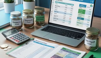 Person creating a zero-based budget on a laptop, allocating income into spending, savings, and investment categories to ensure every rupee has a purpose.