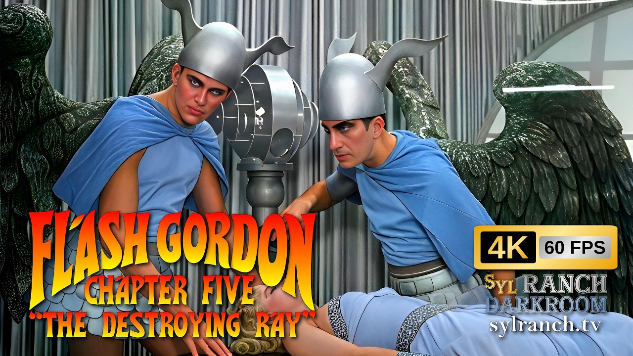 _It's a science fiction double feature -- and Flash Gordon is there with silver underwear!_

*Full Serial*
https://www.youtube.com/playlist?list=PLq2vW9fBV-3zojx6ob6f1KyJtmEDINO9M

*LAST WEEK* a vengeful Princess Aura deliberately destroyed the magnetic attraction keeping King Kala's palace safe underwater.  Flash, suspicious, rushed himself to the throme room to satisfy himself of the safety of Dale and Thun ...

Flash Gordon turns 90 this year, so we're releasing a brand new 4K/60fps episode every week for the next _forty weeks_ .  Restored and enhanced using Topaz Video at the _SYL Ranch_ *DARKROOM* !

*More Excitement*
https://www.youtube.com/watch?v=_NkLKGkJERg
https://www.youtube.com/playlist?list=PLq2vW9fBV-3w8QSV-0YhpOHcXMliJ6Leo

*SYL Ranch On the Web*
- Website:  https://sylranch.tv/
- X:  https://www.x.com/@SYLDarkroom
- Facebook:  https://www.facebook.com/talessylranch

*Source Video*
- Release Date:  July 5, 1936

*Remastering Tools*
- Topaz Video
- Handbrake

*COPYRIGHT DISCLAIMER:*
Under Section 107 of the copyright act 1978, allowance is made for "fair use" for purpose such as criticism, comment, news reporting, teaching, scholarship, and research fair use permitted by copyright statute that educational or personal use tips the balance in favor of fair use.

_This video is part of an ongoing 4K restoration and frame interpolation research project using Topaz Video.  It is presented for educational and preservation purposes._

_SYL Ranch_ is in no way affiliated with Universal Pictures, King Features Syndicate,  nor any parent company, affiliates, nor subsidiaries.

#SYLDarkroom #FlashGordon #Remastered #S01E05 #TheDestroyingRay #MovieSerial #Universal #SYLTales #SYLRanch #1936 #BusterCrabbe