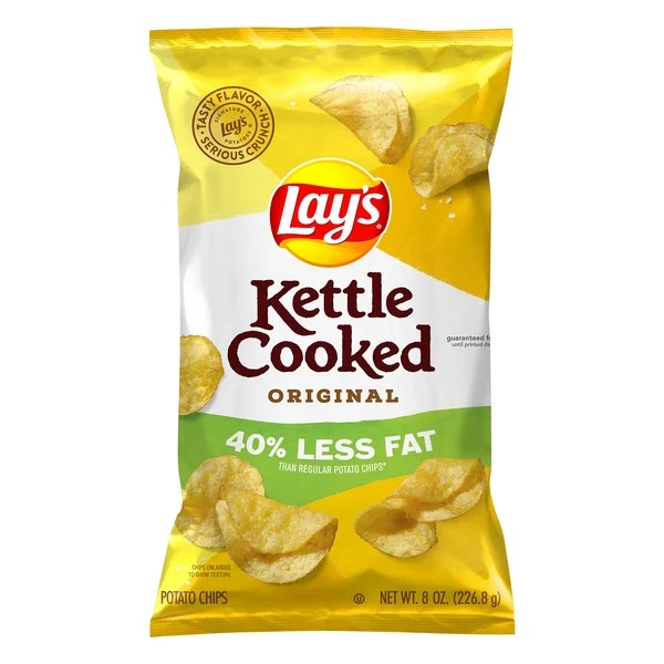 A single serving of lay's baked potato chips provides 120 calories, 2 grams of fat, zero grams trans fat, 23 grams of carbohydrate and 2 . Save On Lay S Kettle Cooked Potato Chips Original Reduced Fat All Natural Order Online Delivery Stop Shop