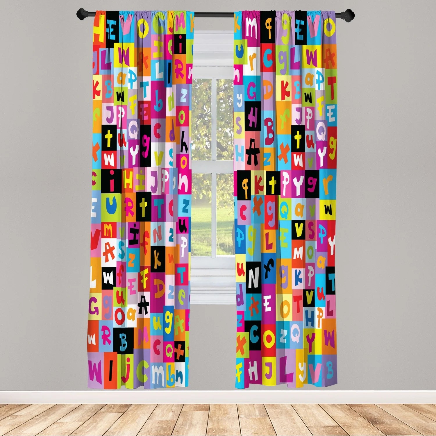 abstract window curtains colored alphabet letters pattern education school puzzle graphic print lightweight decorative panels set of 2 and rod pocket rainbow colors by ambesonne walmart com walmart com