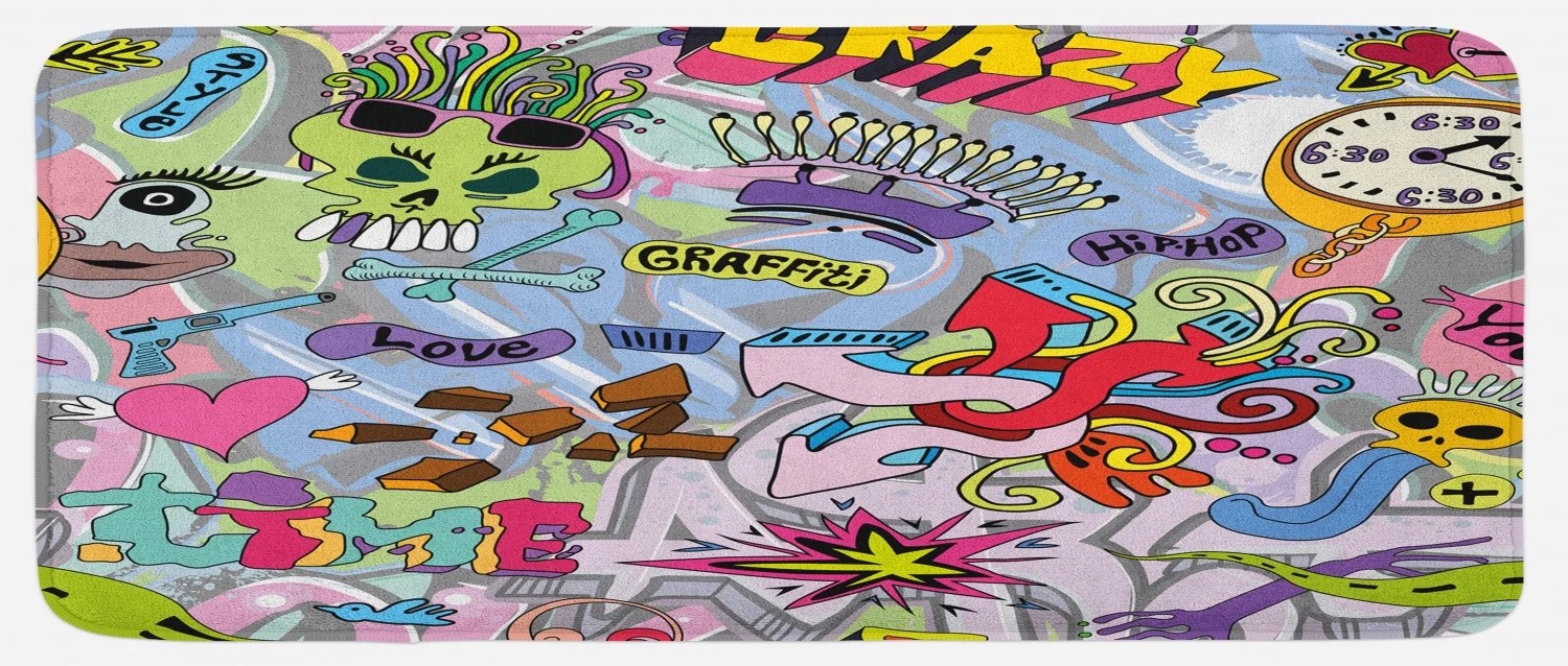 Art Kitchen Mat Hip Hop Inspired Colorful Graffiti Doodle Crazy Love Time Cool Skull Street Art Print Plush Decorative Kitchen Mat With Non Slip Backing 47 X 19 Multicolor By Ambesonne Walmart Com