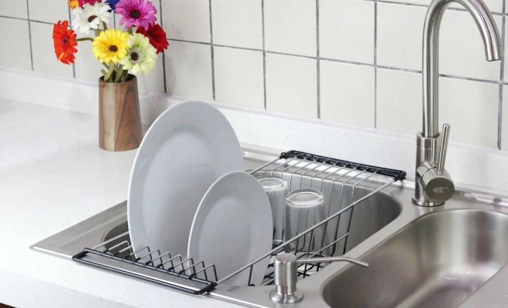 photo Over The Sink Dish Drain neat o over the sink kitchen dish drainer rack durable chrome plated steel