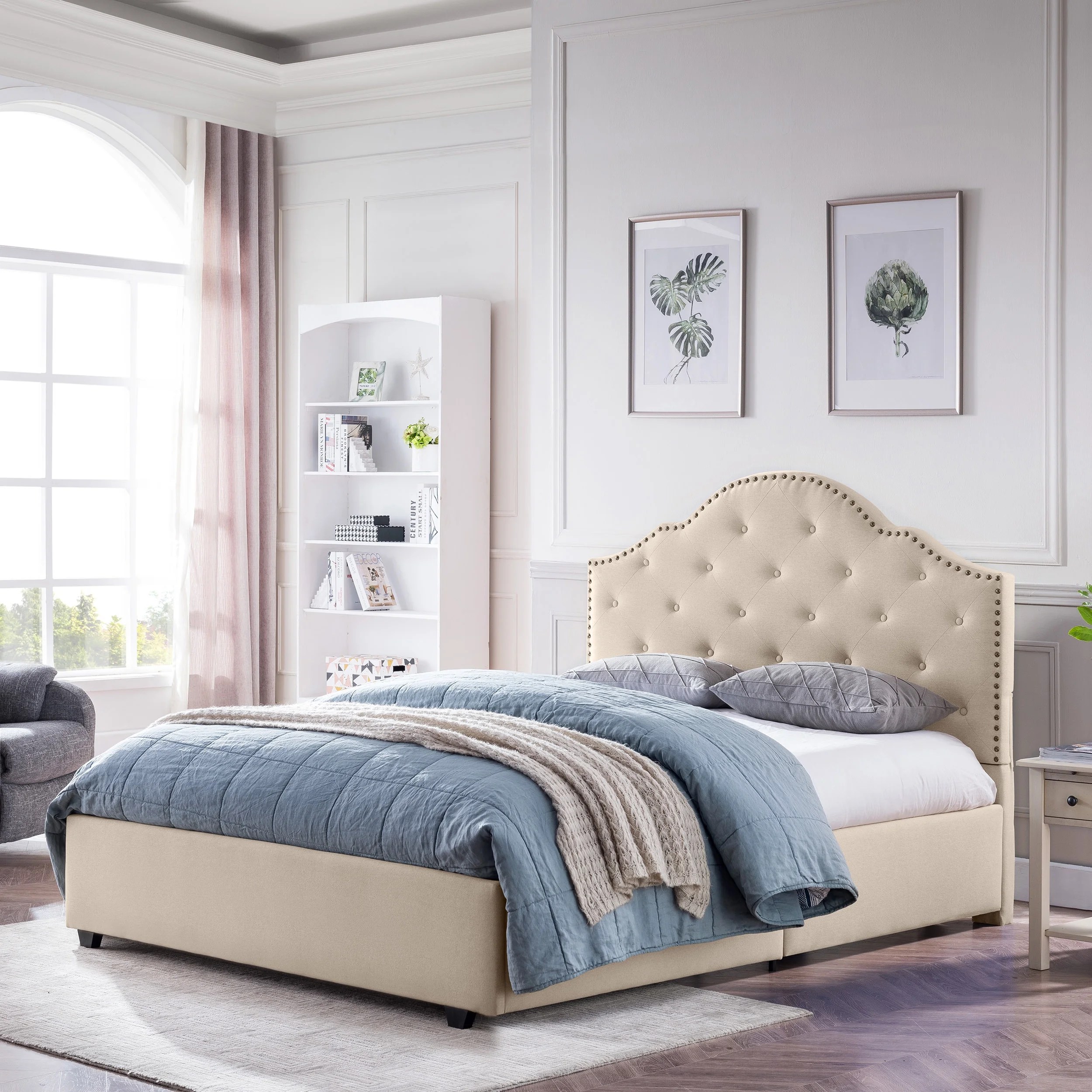 Gentry contemporary button-tufted upholstered queen bed frame with