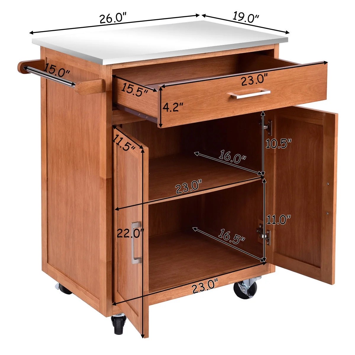 Shop Costway Wood Kitchen Trolley Cart Stainless Steel Top ...