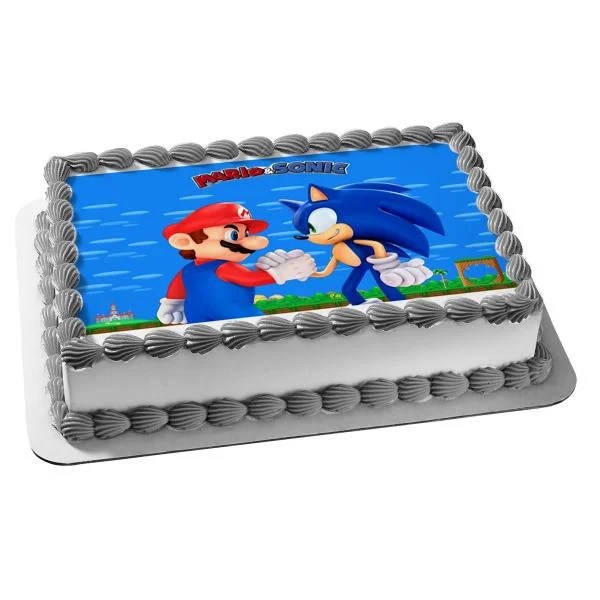 Connecting and inspiring cake decorators . Super Mario Sonic The Hedgehog Shaking Hands Edible Cake Topper Image Abpid27464 Walmart Com