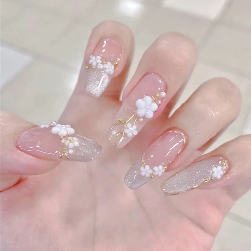 fake nail patch long pointed head nails white flower print nail art finished nail piece 24pcs glue type walmart com