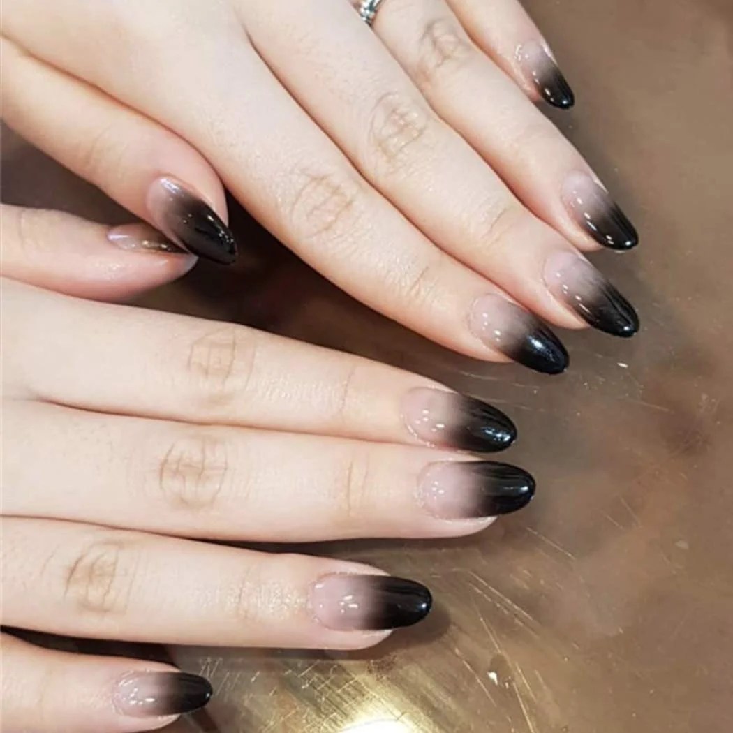 pix Grey Acrylic Nails Long ombre fake nails full cover nails black artificial nail long oval false nails tips clip on nails press nails glossy acrylic nail for women and girls