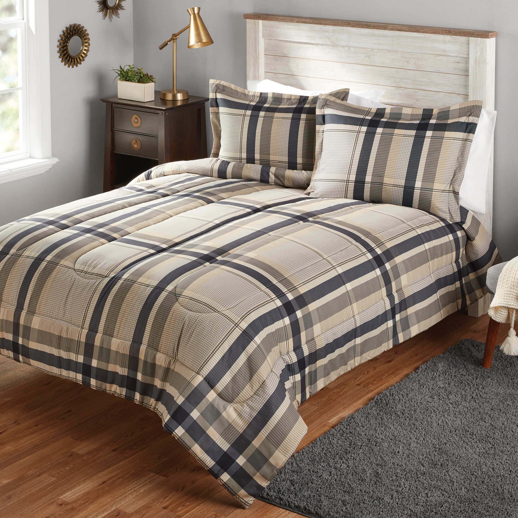 Beautiful chic textured soft tan taupe beige brown black grey comforter set new! mainstays full or queen plaid printed black tan comforter mini set 3 piece
