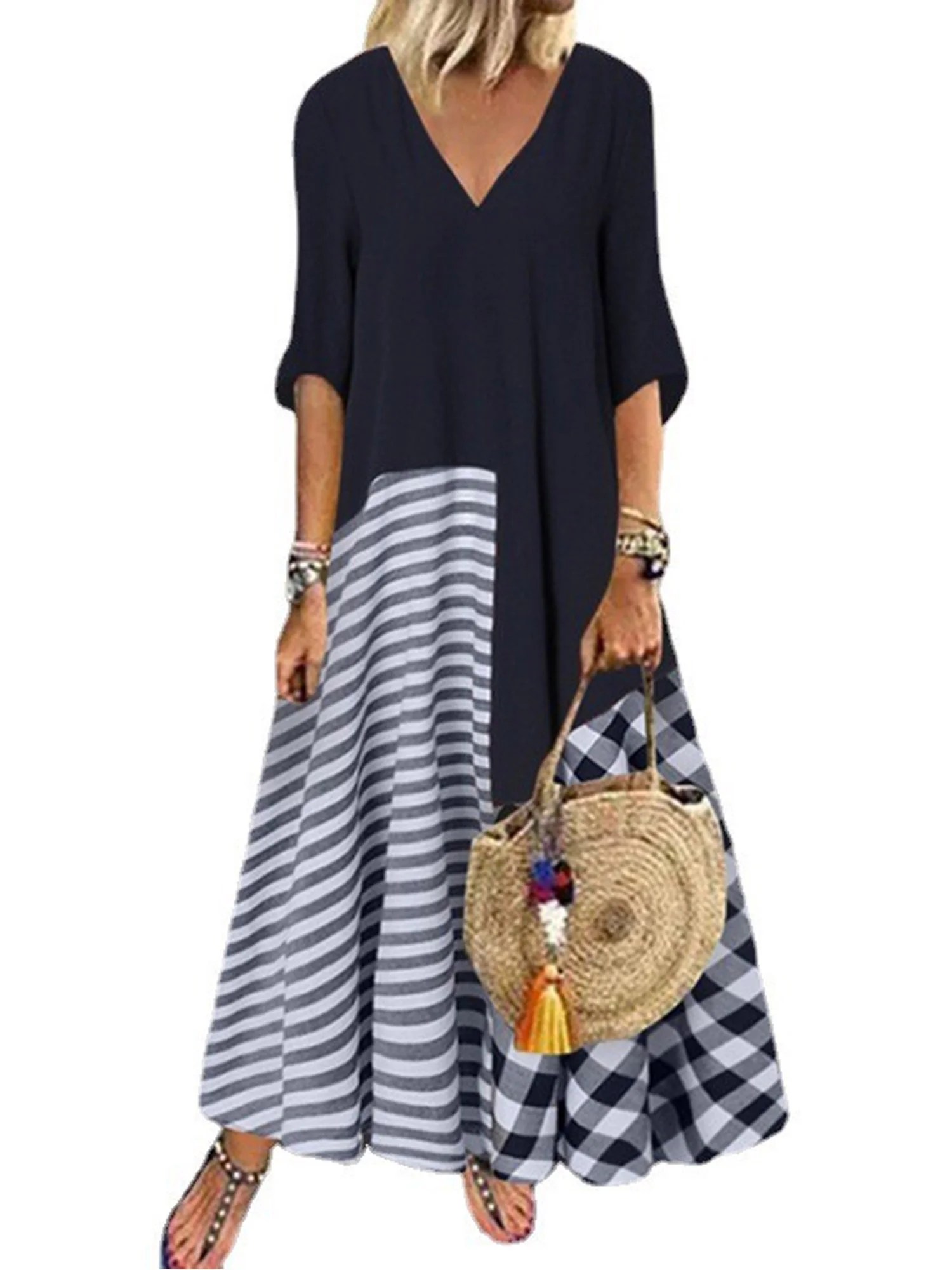 Fashionwt women plus size v-neck short sleeve check print dress long