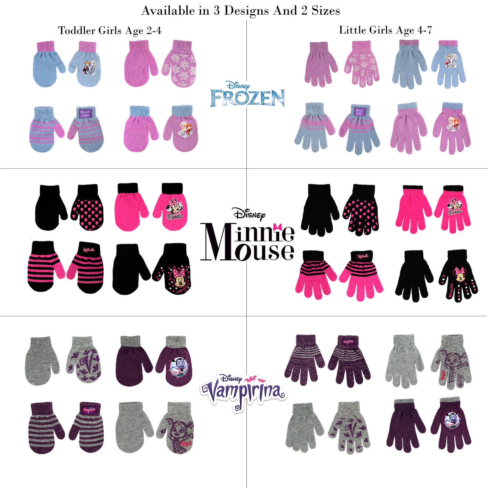 Disney Assorted Character 4 Pair Gloves Or Mittens Cold Weather Set Little Girls Age 2 7