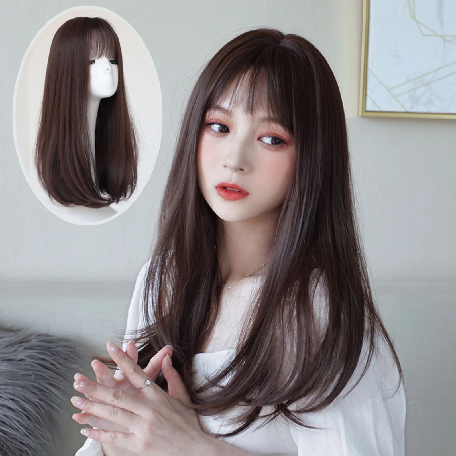 This hairstyle is perfect for small faces. Female Natural Short Hair Round Face Long Straight Hair Full Headgear Wig Brown Walmart Com