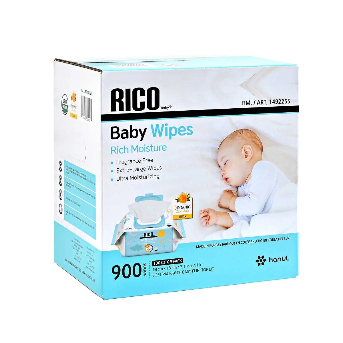 Rico baby wipes, unscented, 9 refill packs (900 total wipes)