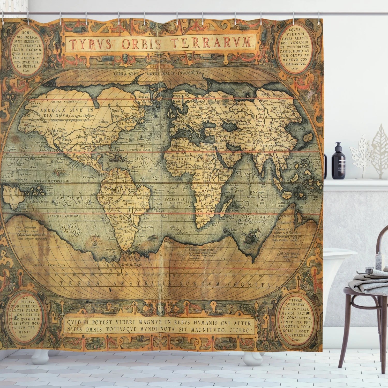 world map shower curtain ancient old chart vintage reproduction of