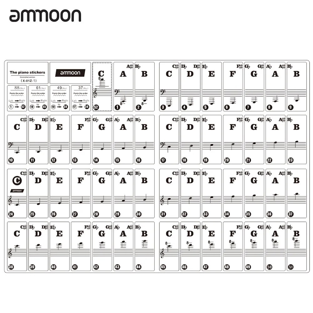 ammoon piano keyboard stickers for 37 49 61 88 key
