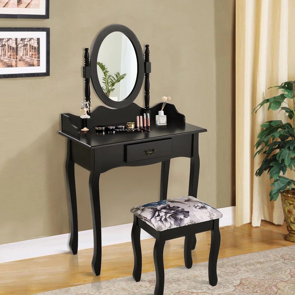 Look at our glamorous vanity dressing table set. costway vanity wood makeup table stool jewelry desk white black