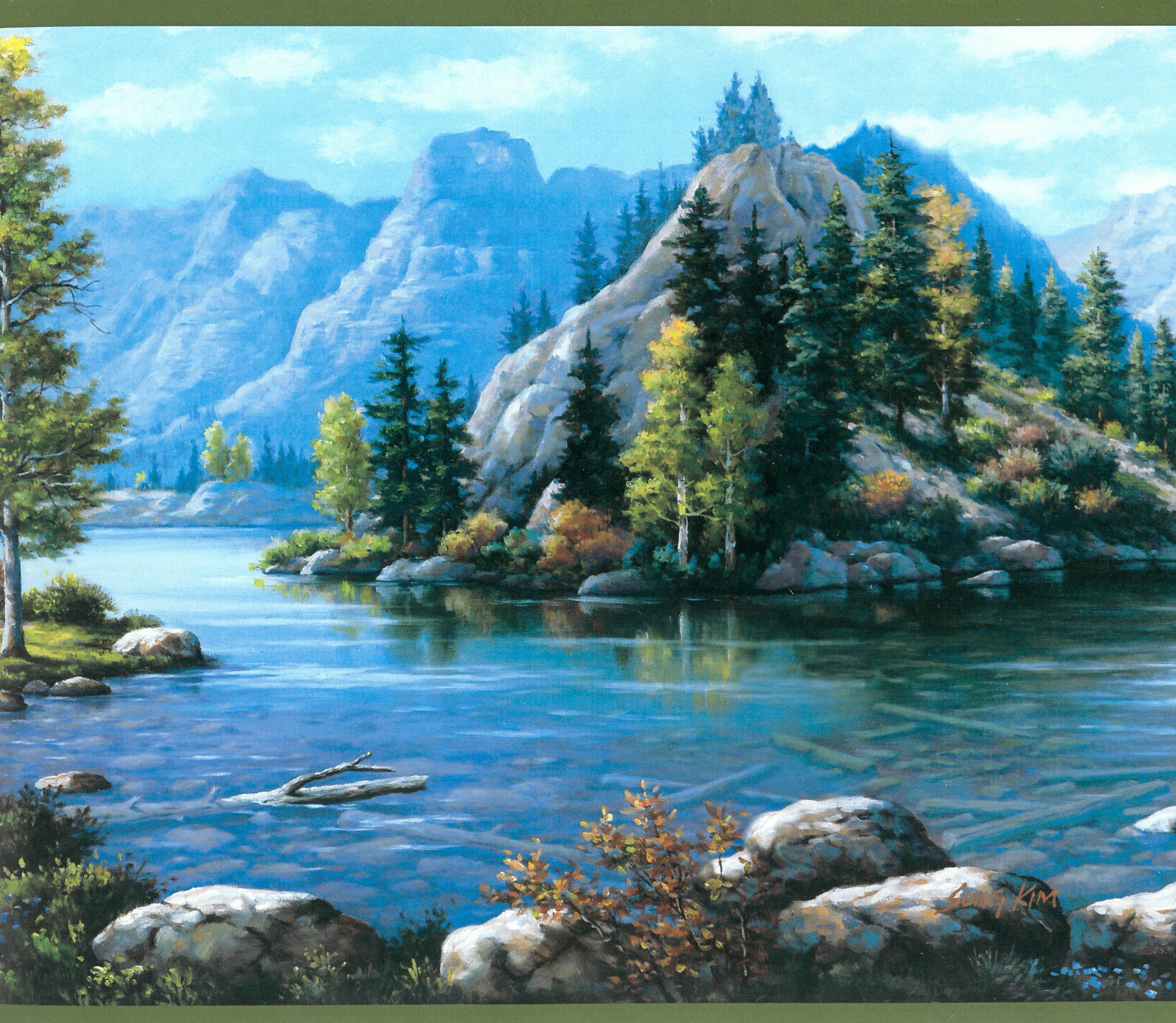 Prepasted Wallpaper Border -  flora and fauna natural world Green, Blue, Gray  