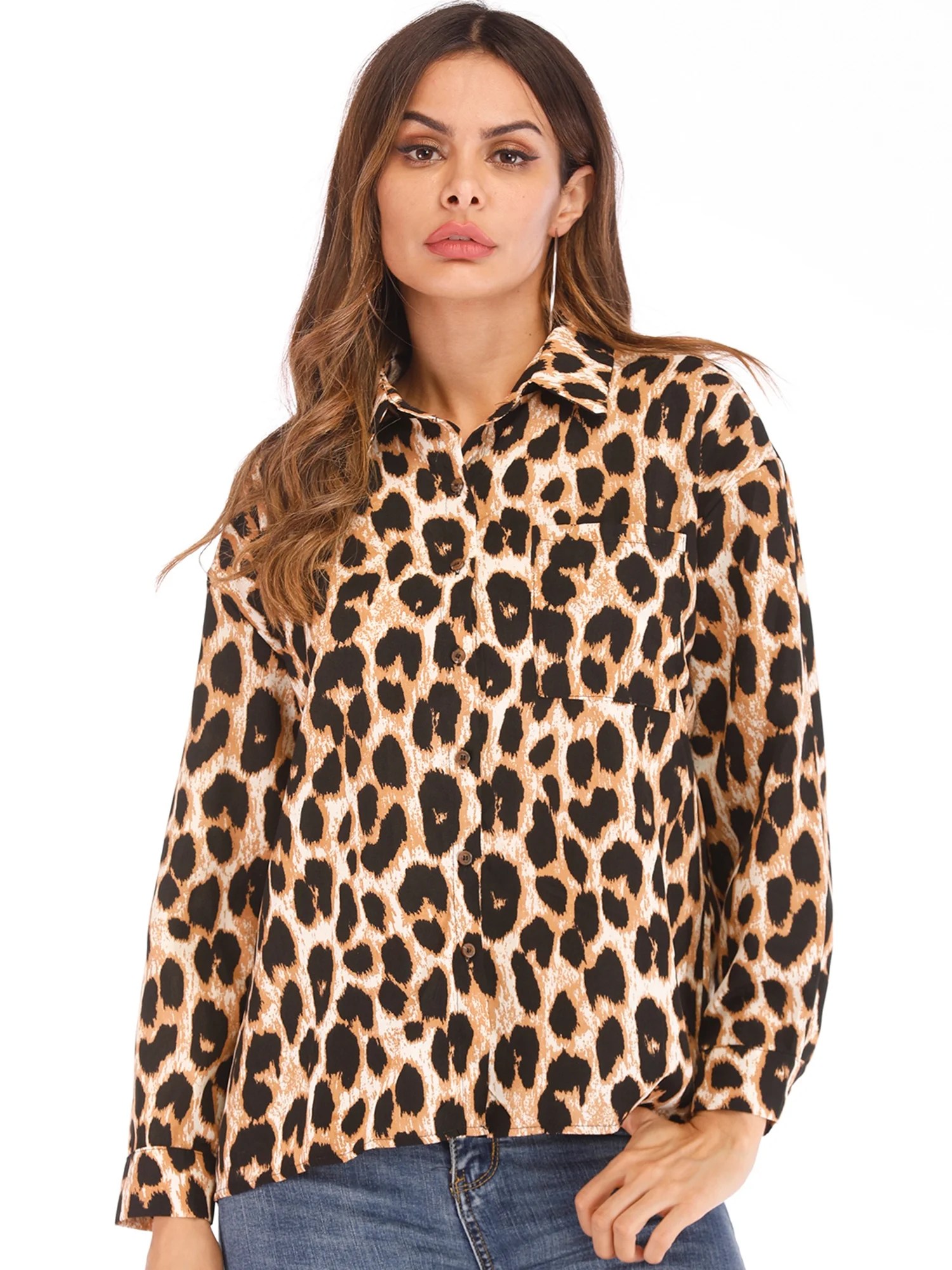 Fashion womens v neck leopard print chiffon blouse t-shirts long sleeve
