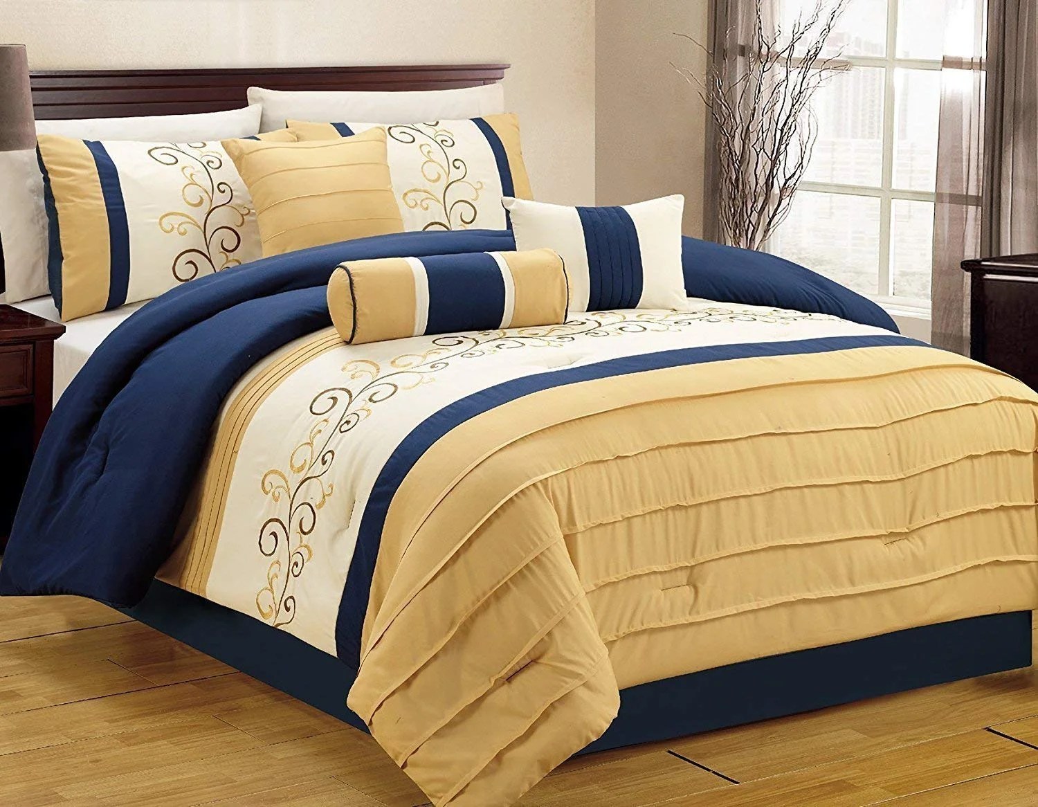 Gold and white twin size duvet cover set by ambesonne, thin horizontal lines with circles rounds vintage polka dots, decorative 2 piece bedding set with 1 pillow sham. hgmart bedding comforter set bed in a bag 7 piece luxury embroidery bedding sets microfiber bedroom comforters queen blue yellow