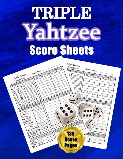 triple yahtzee score sheets 130 pads for scorekeeping triple yahtzee score cards triple yahtzee score pads with size 8 5 x 11 inches triple yahtzee score book paperback walmart com