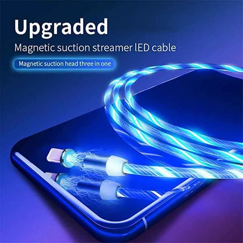 Magnetic self winding fast charging data cable for iphone x xs xr 11 12 pro max. LED Flowing Magnetic USB Cable Charger 3 in 1 Type C Micro