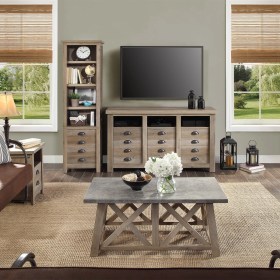 homes better farmhouse coffee rustic gardens living granary brown gray finishes country multiple wood furniture finish concrete