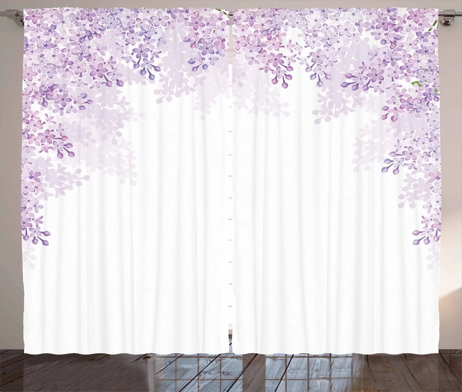Purple curtains 2 panels set, framing lilac flowers in blossom vernal