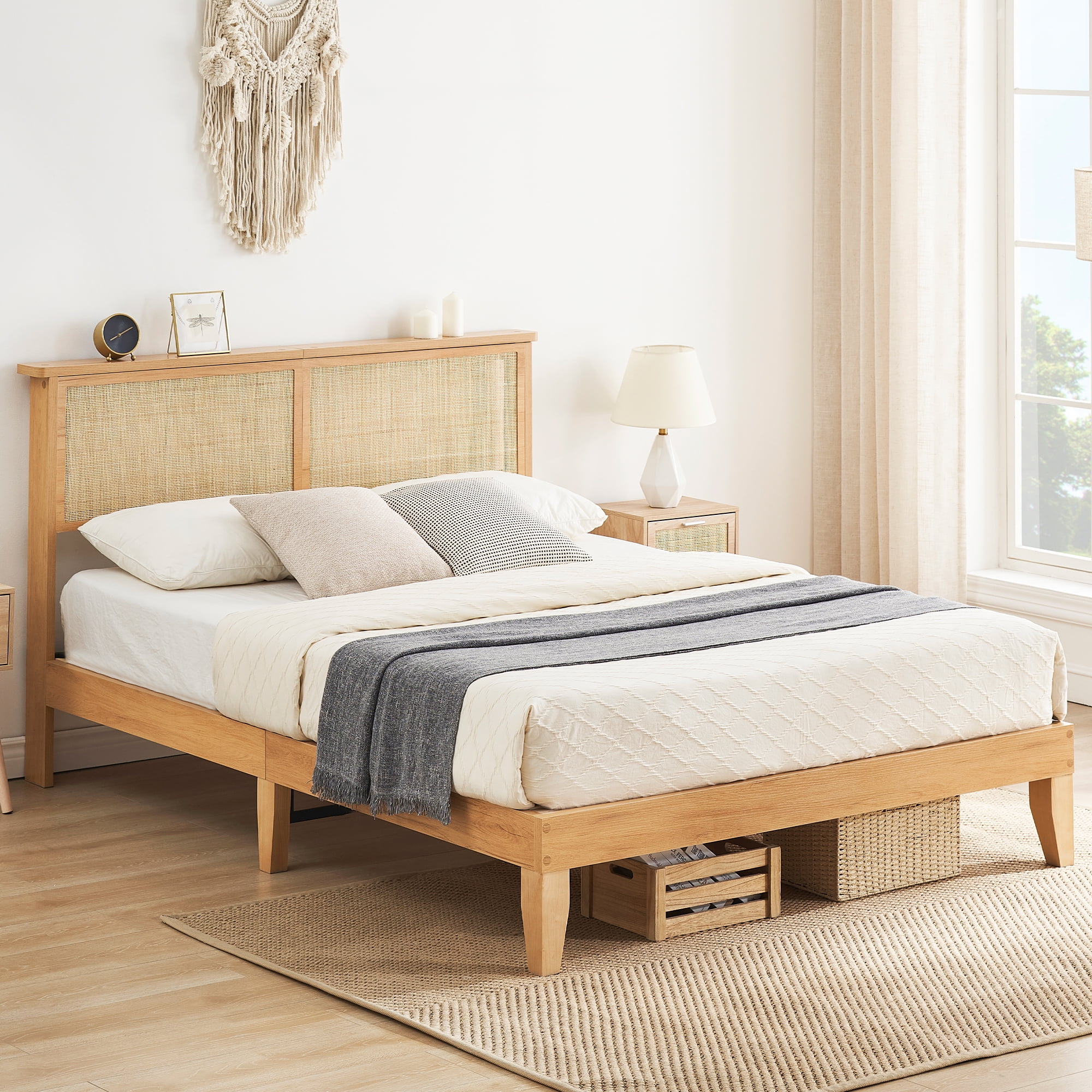 Ktenme queen bed frame with rattan headboard, platform bed frame queen size with storage
