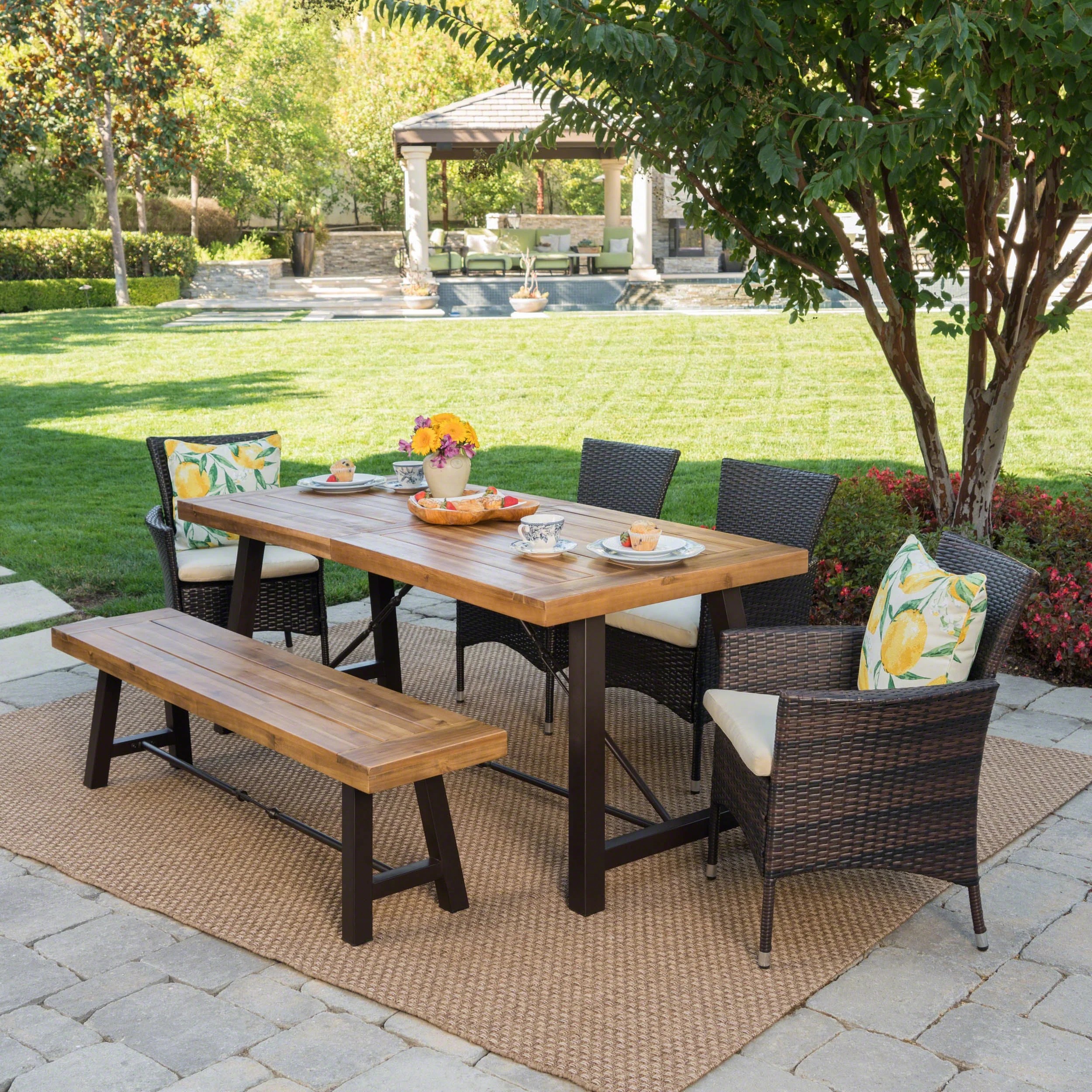 Shop metal outdoor benches outdoor seating at walmart and save. olivia outdoor 6 piece acacia wood dining set with wicker dining chairs and cushions teak finish multibrown beige