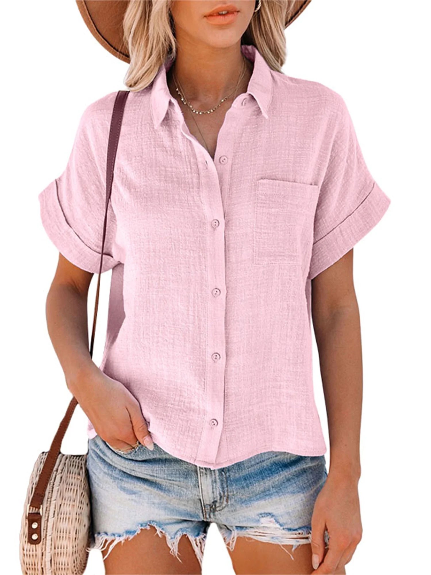 Summer women short sleeve tops button down collar blouse tops t shirt