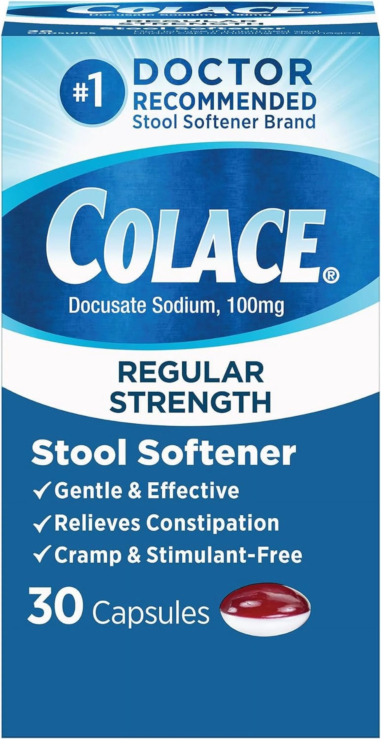 Colace regular strength constipation relief, capsules, 100mg, 30 count hsa/fsa eligible