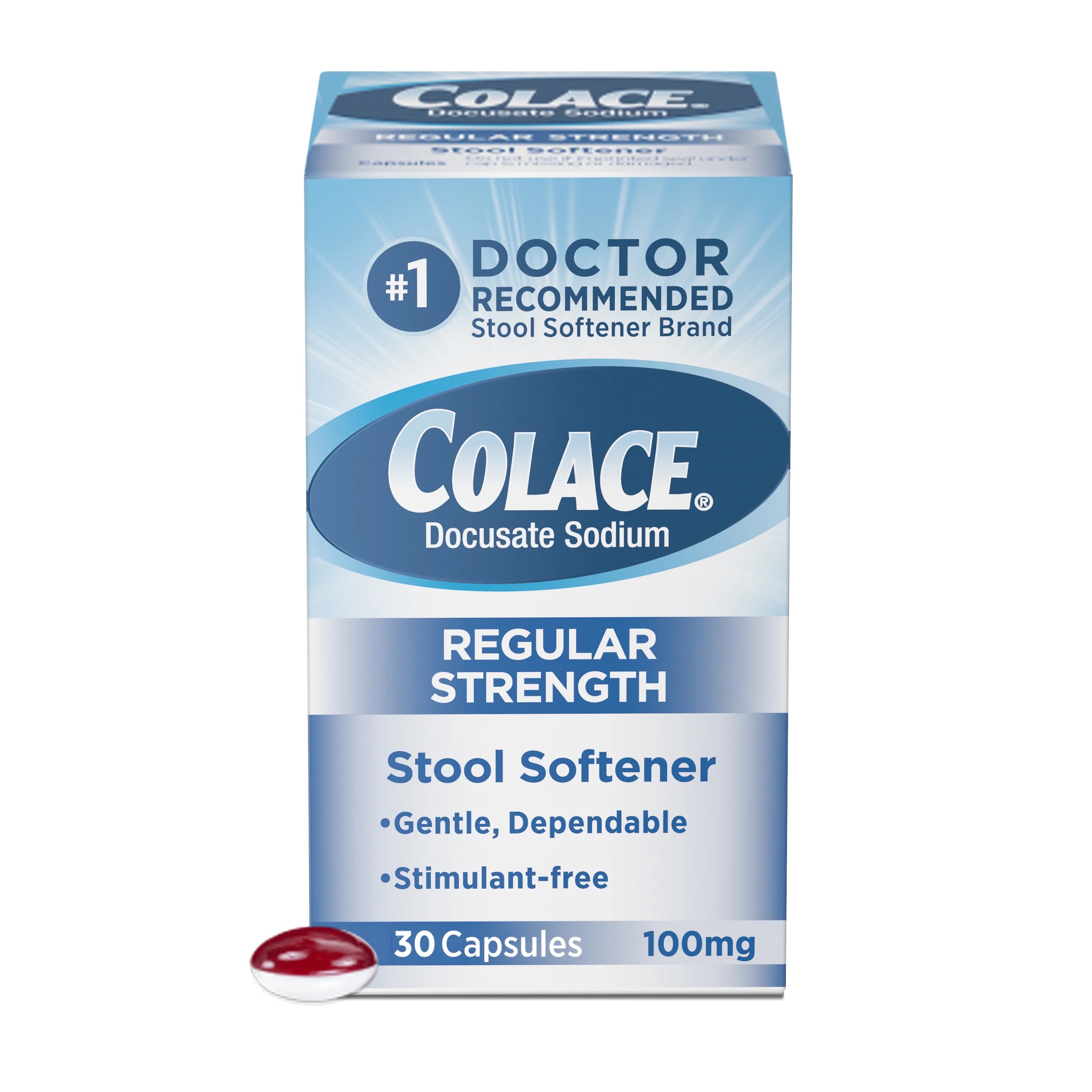 Colace® gentle docusate laxative for regular strength constipation relief, 100mg capsules, 30 ct