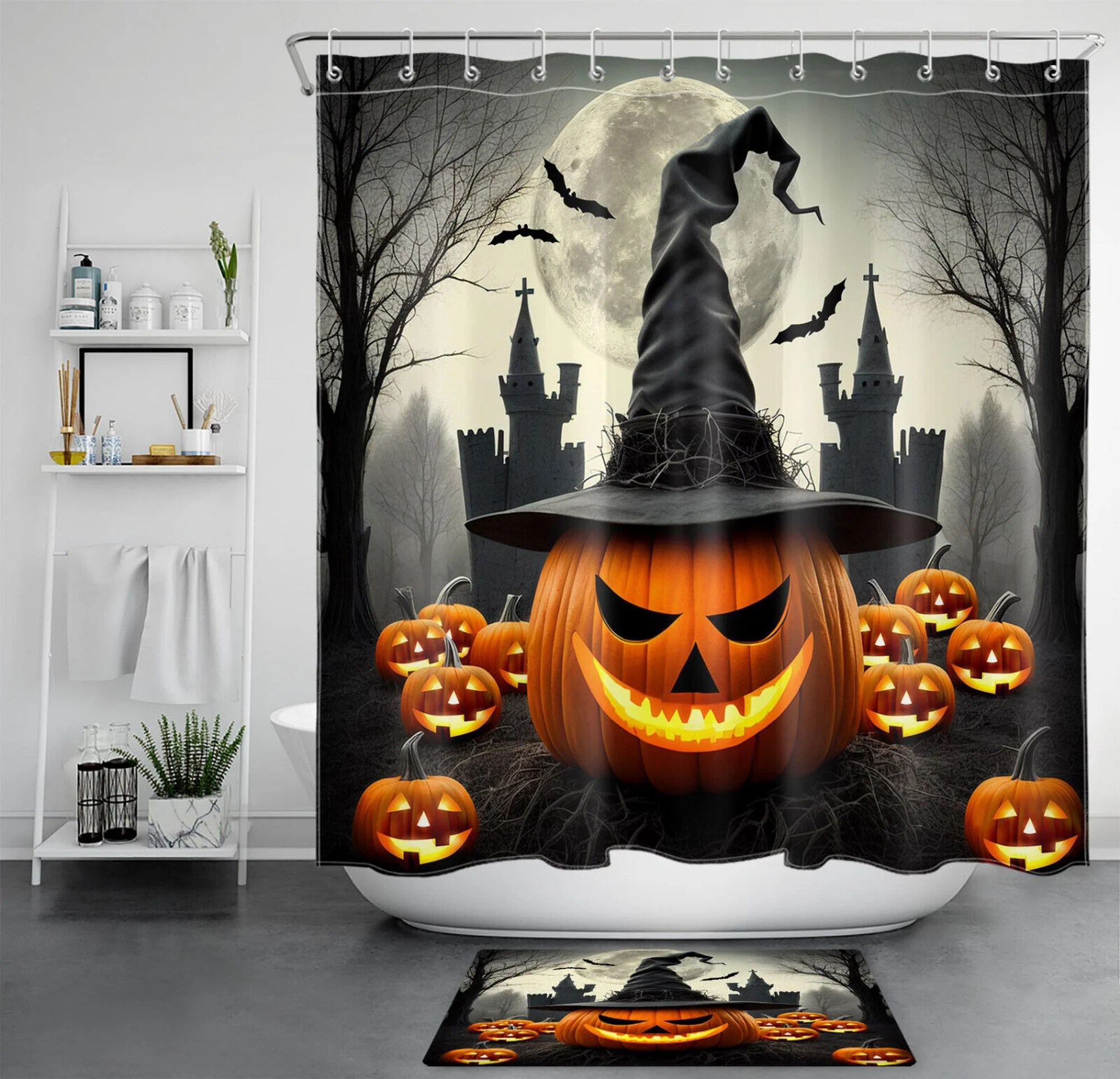 Transform your bathroom into a haunted haven with this spooky halloween shower curtain set