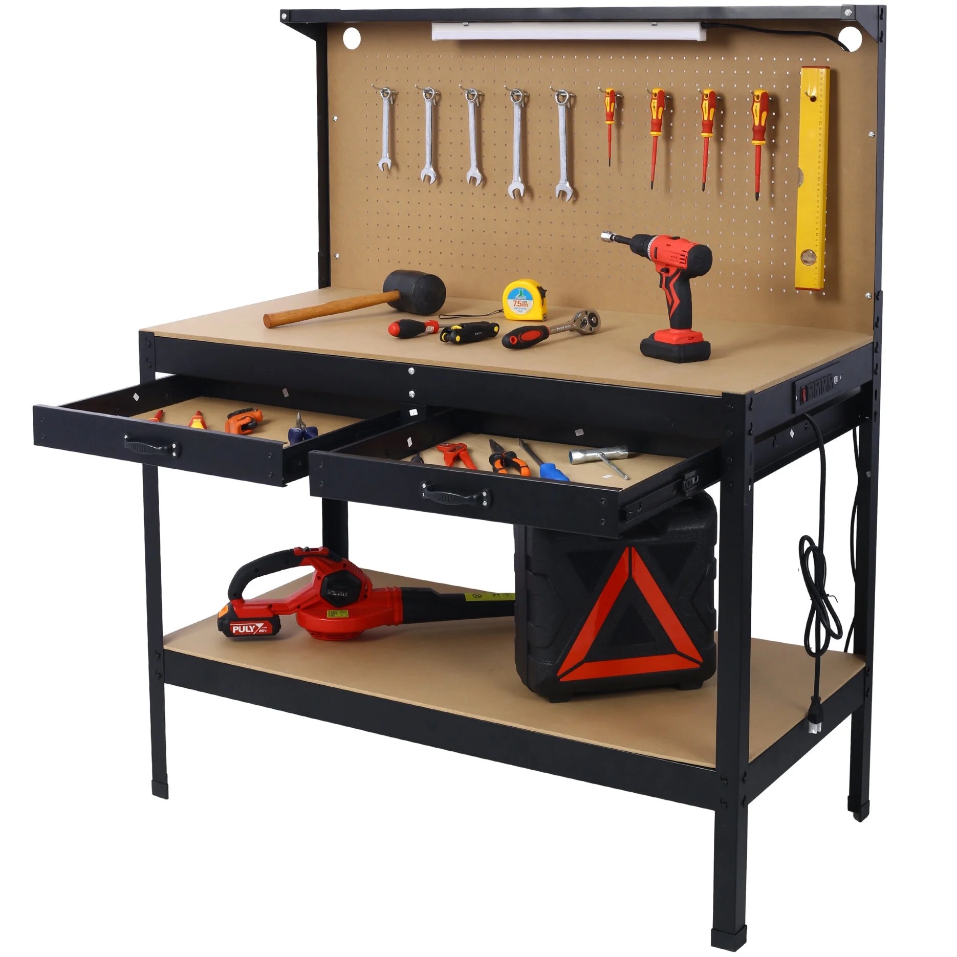 Workbench, tool storage work bench workshop tools table with power outlets, steel garage