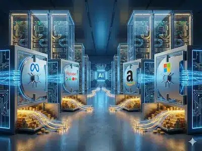 Illustration von Servern als Tresore mit Logos von Meta, Alphabet, Amazon und Microsoft, die Gold und Daten ausgeben