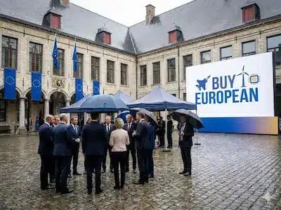 Gruppe von Politikern auf regennassem Hof vor EU-Flaggen und großem „Buy European“-Schild.