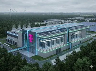 Rechenzentrumgebäude mit magentafarbenem T-Logo; farbige Leitungen verlaufen außen, Windräder im Hintergrund