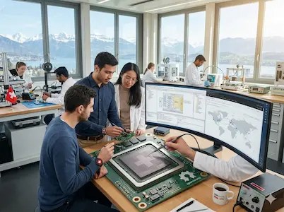 Ingenieurteam arbeitet in einem Labor an einem großen Mikrochip-Prototypen; Monitore zeigen Schaltpläne und weltweite Verbindungen.