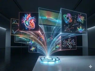 Holografische Diagramme und Formeln steigen aus einer Projektionsfläche und bilden interaktive Visualisierungen.