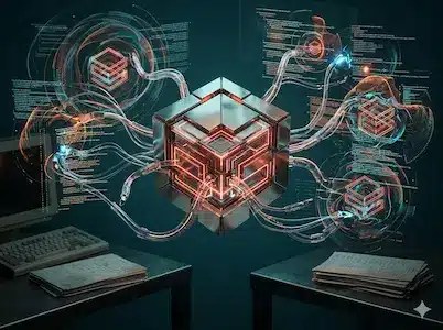 Leuchtender Datenwürfel mit angeschlossenen Kabeln und Codeanzeigen, verbunden mit mehreren digitalen Modulen.
