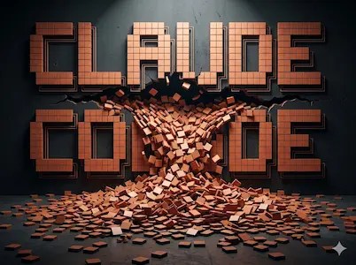 Große Schrift „CLAUDE CODE“ bricht in der Mitte auseinander, während quadratische Blöcke herabfallen
