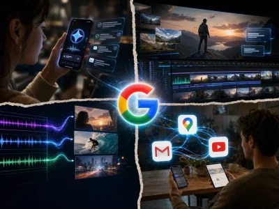 Vierteilige Collage mit Google-Logo zeigt Personen, die KI-Funktionen für Smartphones, Videos und Google-Dienste nutzen.