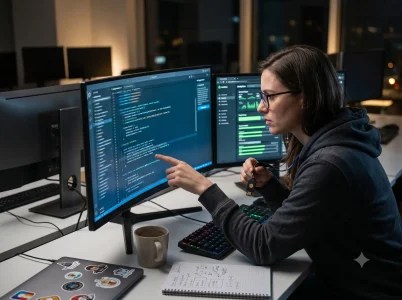 Person prüft Quellcode an zwei Monitoren und zeigt auf eine Codezeile in einer Entwicklungsumgebung