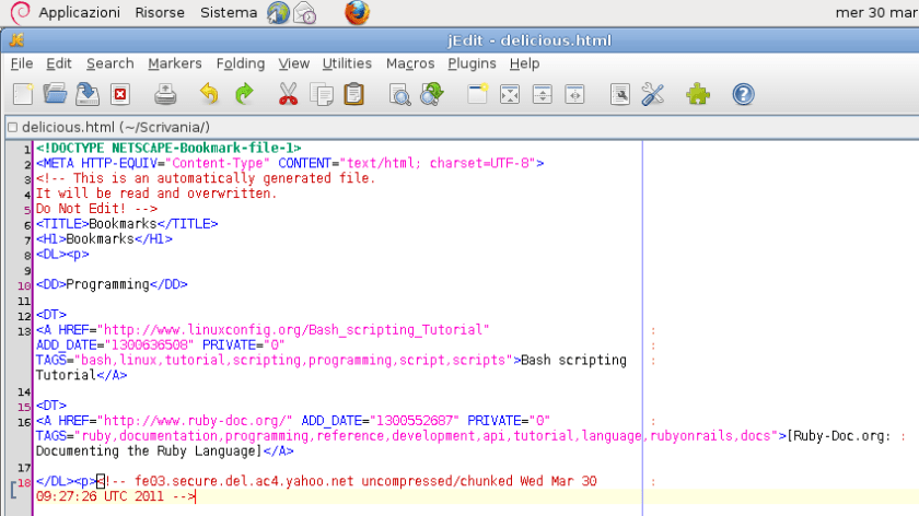 Immagine del codice html di un file di bookmark