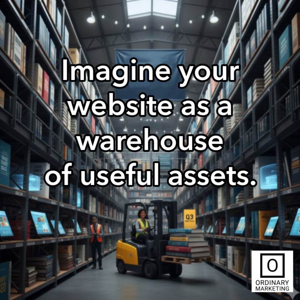 Warehouse image with a fork truck moving books of blog posts around. Print over the top: Imagine your website as a warehouse of useful assets.