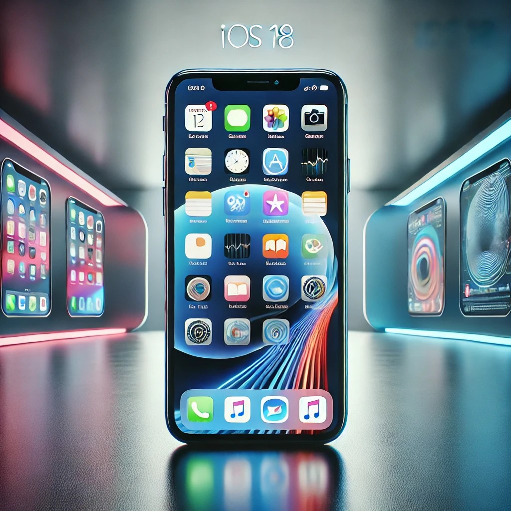 DALL·E 2024-08-27 14.15.18 - A sleek iPhone showcasing the new iOS 18 interface with vibrant widgets on the home screen, customizable themes, and a focus on AI features. The iPhon