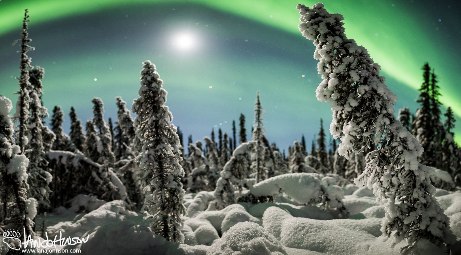 A panoromic stitch capturing a winter landscape, the aurora borealis, and the moon in Fairbanks, Alaska