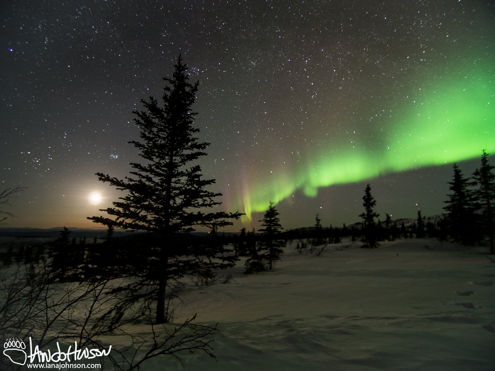 The low moon and aurora at Wickersham Dome