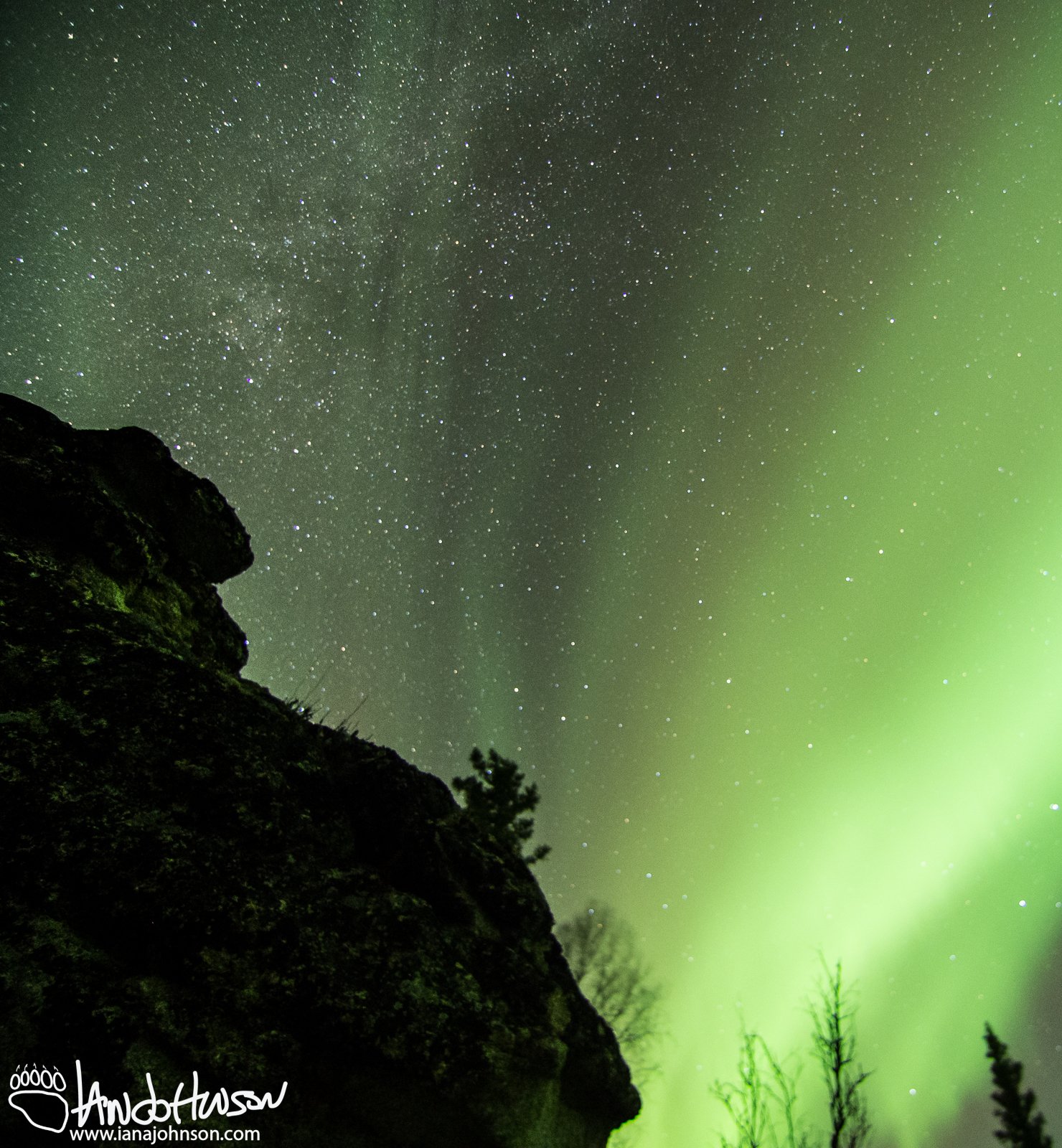 The Aurora and Milky way melt together over angel rocks.