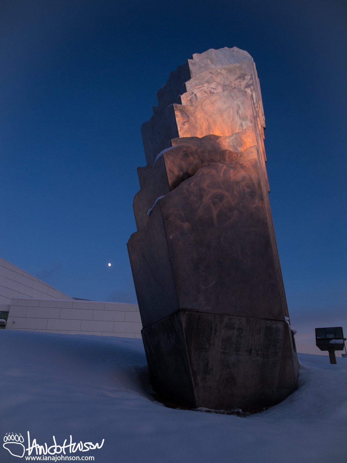 January 30th : Pastels reflect off the stainless steel sculpture at the UAF Museum of the North
